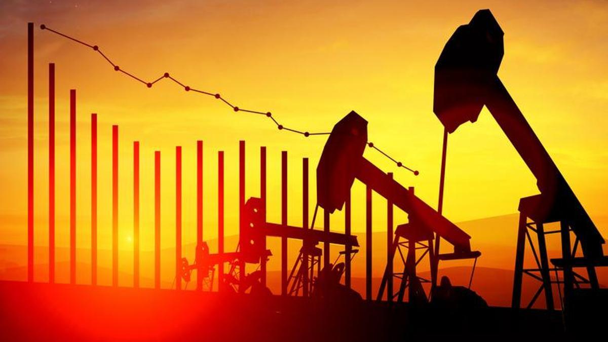 3d illustration of oil pump jacks on sunset sky background with financial analytics. Concept of falling oil prices